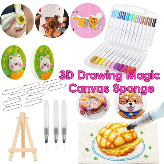 1 Set 3D Drawing Magic Canvas Sponge DIY Kid Magic Puffy Paint with Drawing Pens Foam Texture Painting Kit for Kids Art Supplies